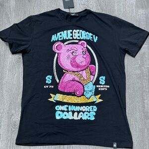 Avenue George V Black Graphic T-Shirt with Pink Bear Design size XL
